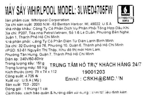 Máy Sấy WHIRLPOOL 15 Kg 3LWED4705FW - Hình ảnh 9